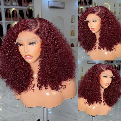 Close-up view of Luxury Water Wave Bob Lace Front Wig in 99J Red Burgundy, highlighting the trendy water wave texture and average cap size.