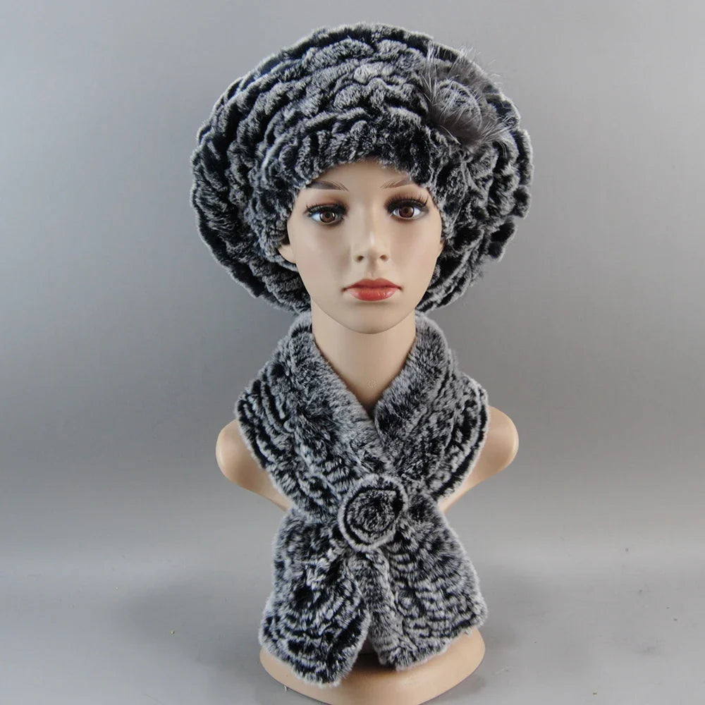 Fashion-forward winter accessory set including a stylish faux fur hat and scarf, designed for comfort and elegance during cold weather.