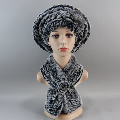 Fashion-forward winter accessory set including a stylish faux fur hat and scarf, designed for comfort and elegance during cold weather.