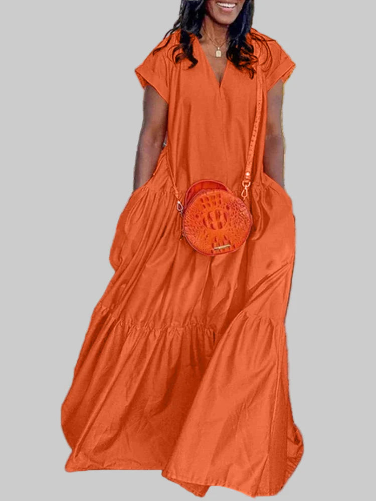 Elegant plus size women's bohemian summer sundress in solid colour, showcasing a loose fit and stylish short sleeves, ideal for casual outings.