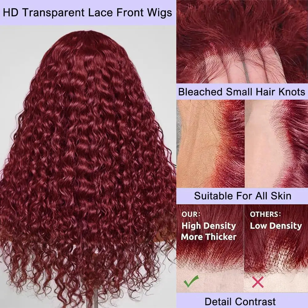 Detailed view of the Remy Hair quality in the 26 inch 99J Burgundy Deep Wave Wig, illustrating its soft texture and rich colour.