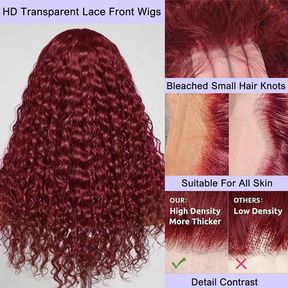 Detailed view of the Remy Hair quality in the 26 inch 99J Burgundy Deep Wave Wig, illustrating its soft texture and rich colour.