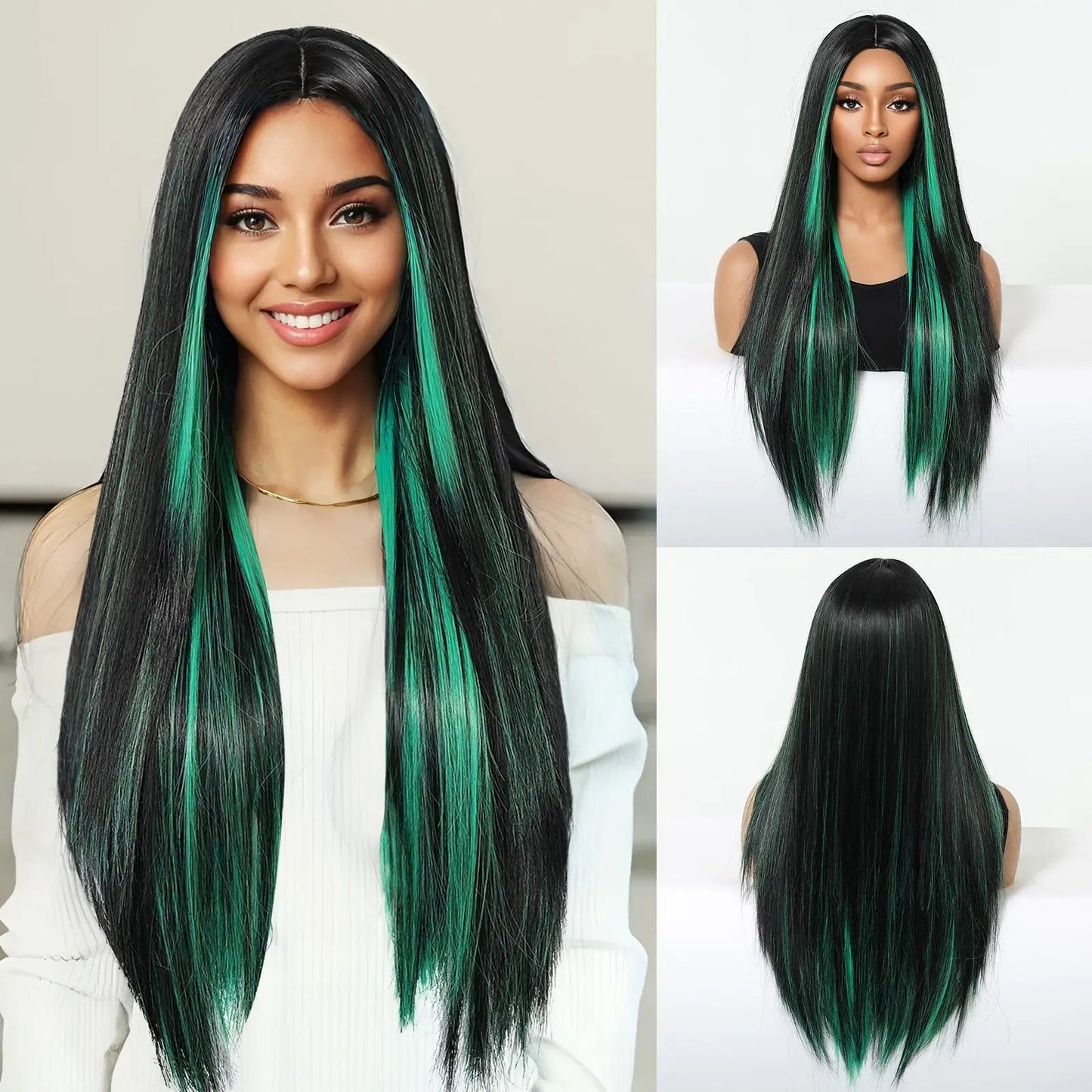 Luxurious 26-inch long black and red straight synthetic wig for women, perfect for cosplay and daily elegance.