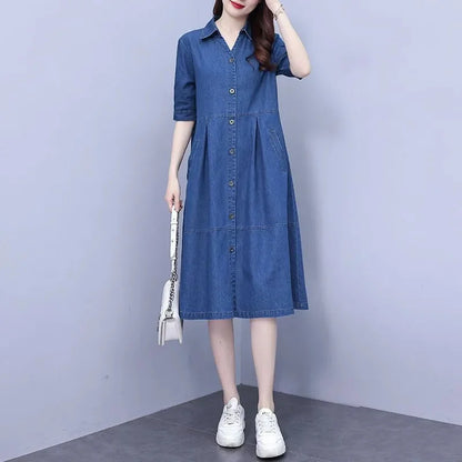 Detail view of the luxurious oversized 5XL denim dress with short sleeves, showcasing the chic square neckline and elegant knee-length A-line design, ideal for fashionable casual wear.