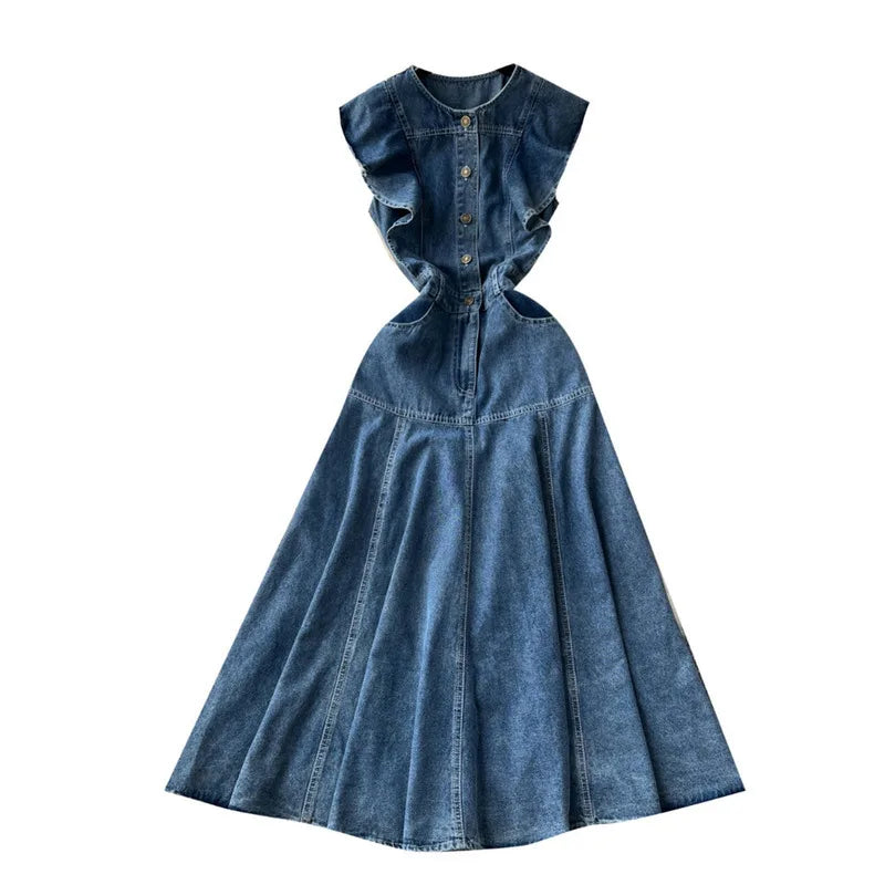 Side angle of the WTHT Women's ruffled edge sleeveless denim dress, capturing the elegant silhouette and sophisticated fabric texture.