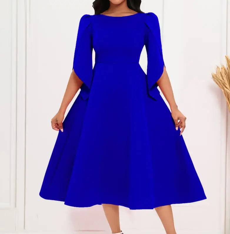 Fashionable women's A-Line summer dress in solid colour, with an elegant o-neck design, crafted for the discerning office lady.