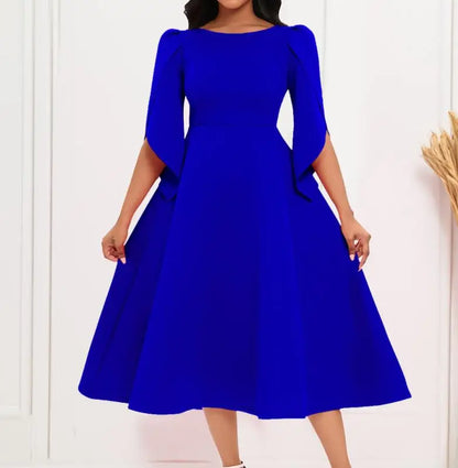 Fashionable women's A-Line summer dress in solid colour, with an elegant o-neck design, crafted for the discerning office lady.