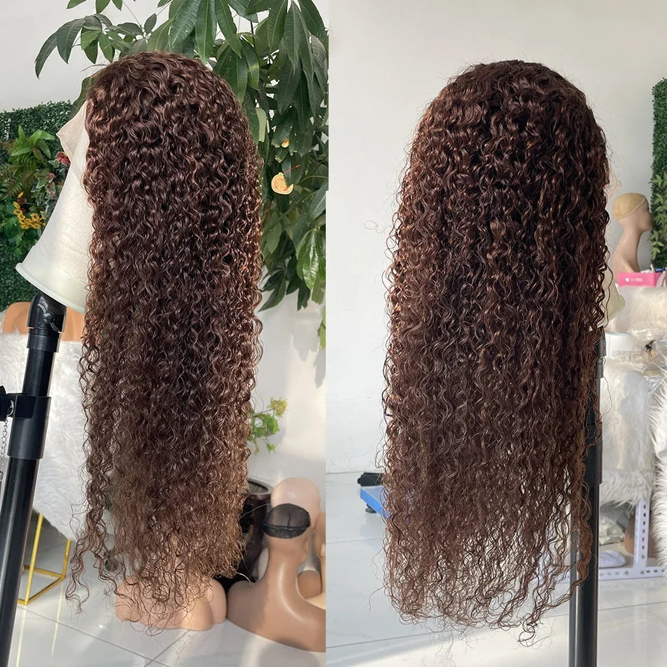 Close-up of the luxurious chocolate brown texture of the Kinky Curly Lace Front Wig, demonstrating the softness and shine of 250% density curls.