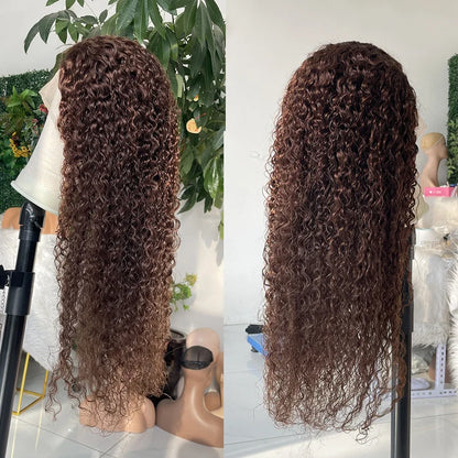 Close-up of the luxurious chocolate brown texture of the Kinky Curly Lace Front Wig, demonstrating the softness and shine of 250% density curls.