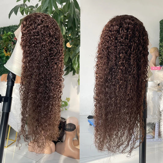 Close-up of the luxurious chocolate brown texture of the Kinky Curly Lace Front Wig, demonstrating the softness and shine of 250% density curls.