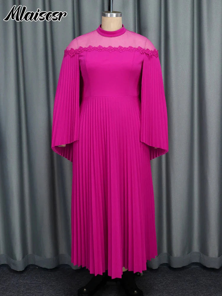 Close-up view of the luxurious polyester fabric and intricate pleated details of the Mlaiscsr Women's Evening Dress with Cloak Sleeves, designed for middle-aged women.