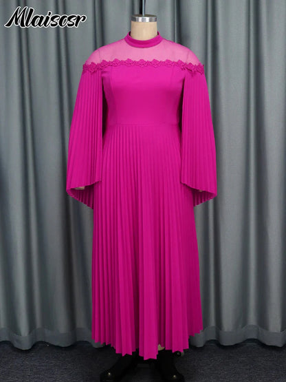 Close-up view of the luxurious polyester fabric and intricate pleated details of the Mlaiscsr Women's Evening Dress with Cloak Sleeves, designed for middle-aged women.