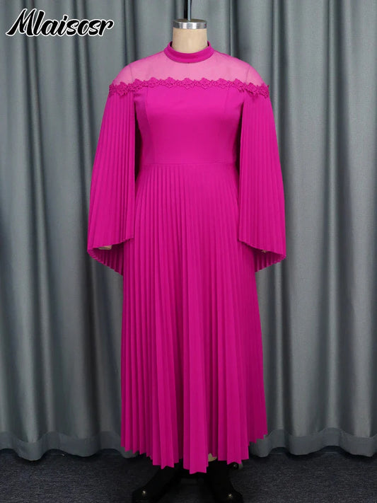 Close-up view of the luxurious polyester fabric and intricate pleated details of the Mlaiscsr Women's Evening Dress with Cloak Sleeves, designed for middle-aged women.