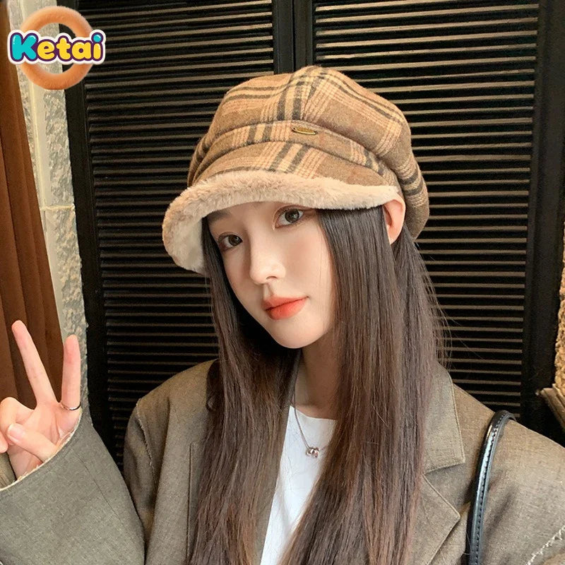 Chic and sophisticated women's octagonal plush hat featuring vintage plaid pattern, designed for fashionable outdoor spring and autumn looks.