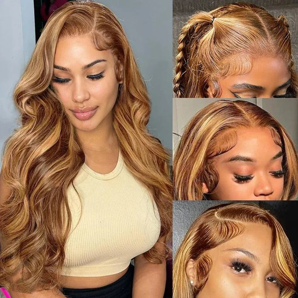 Detailed view of the Swiss lace base of the honey blonde ombre wig, showcasing the intricate design and natural-looking hairline for an elegant finish.