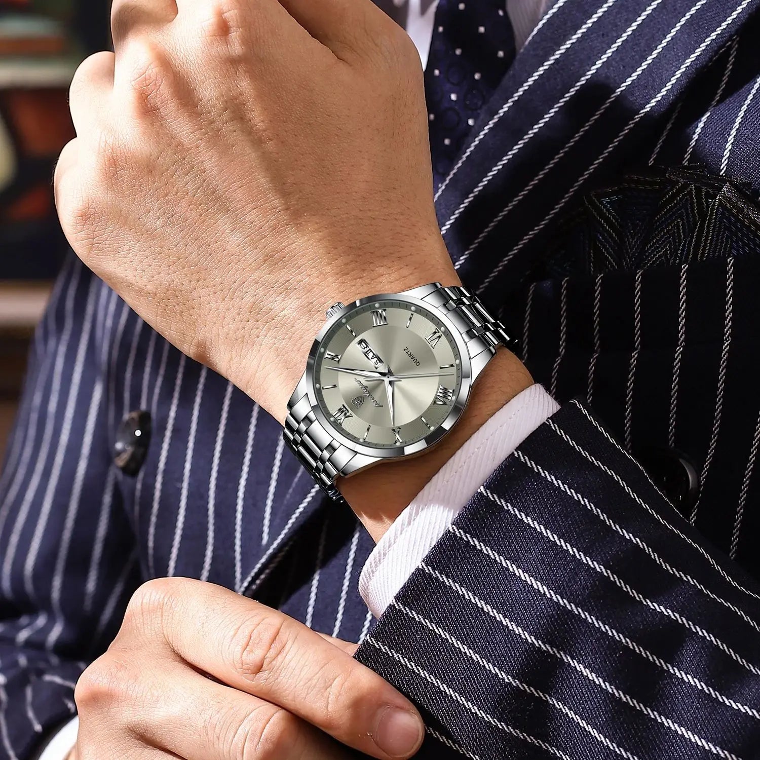 Luxury quartz wristwatch with luminous detailing, complete calendar, and sleek rounded case, perfect for stylish men.