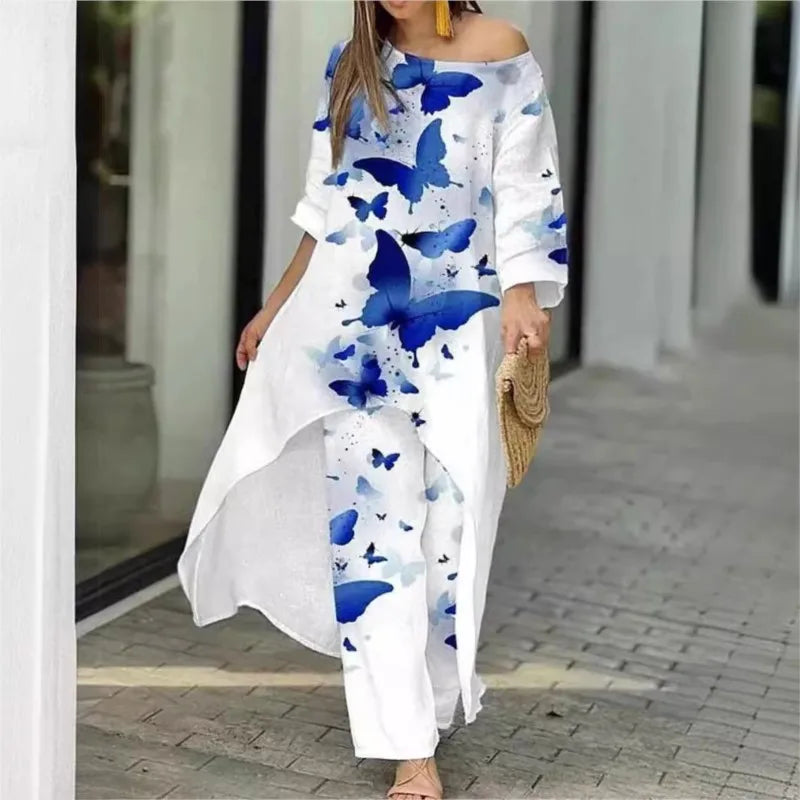 Elegant women's luxury spring/summer 2-piece set featuring a casual loose irregular printed round neck shirt paired with high waist wide-leg pants.