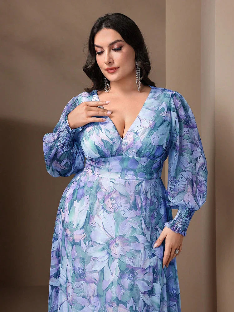 Close-up of the intricate floral print on the luxurious TOLEEN Plus Size Women’s V-Neck Long Dress, highlighting the vibrant colours and exquisite detailing.