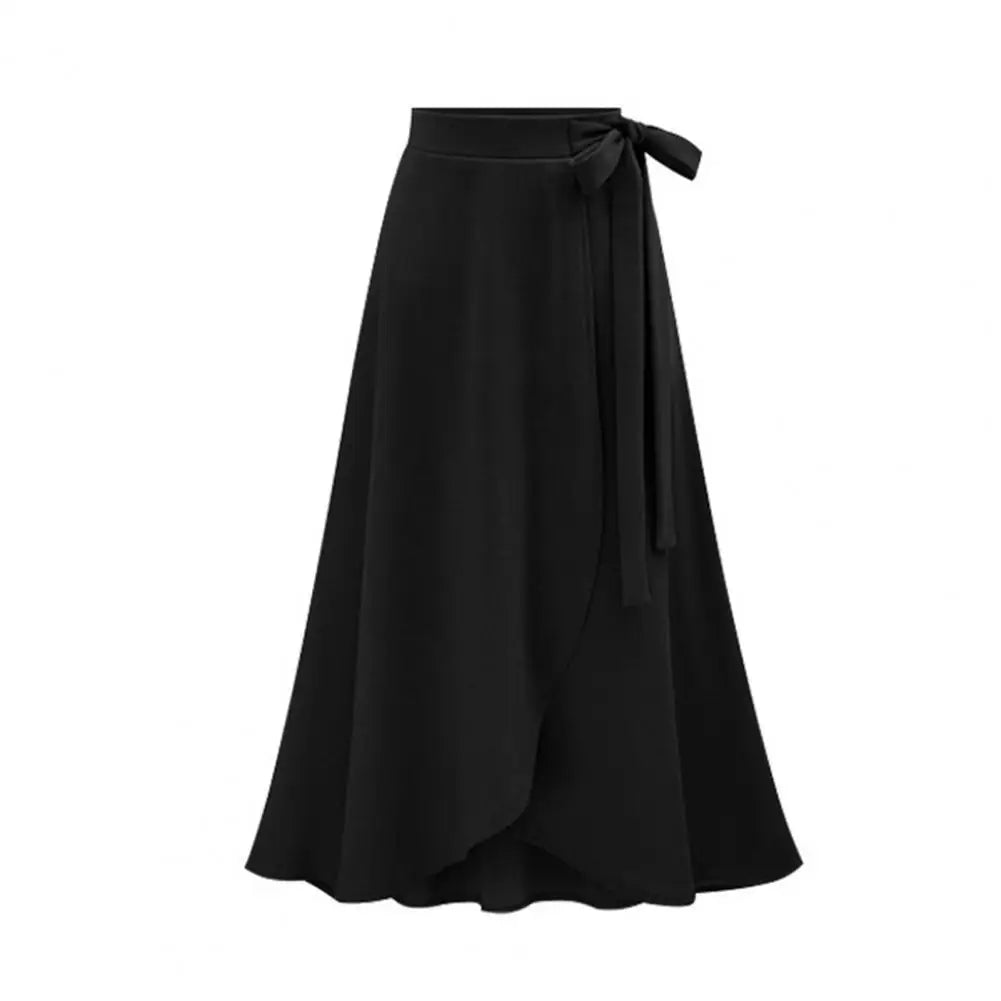 Close-up of the chic bow detail on the elegant high waist A-line skirt for women, showcasing luxury and style.