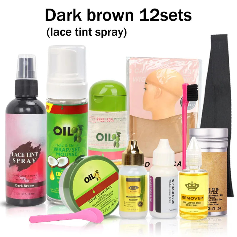 High-end wig installation essentials featuring a variety of products like glue, wax sticks, and edge control for sophisticated and sleek hairstyles.