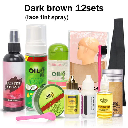 High-end wig installation essentials featuring a variety of products like glue, wax sticks, and edge control for sophisticated and sleek hairstyles.