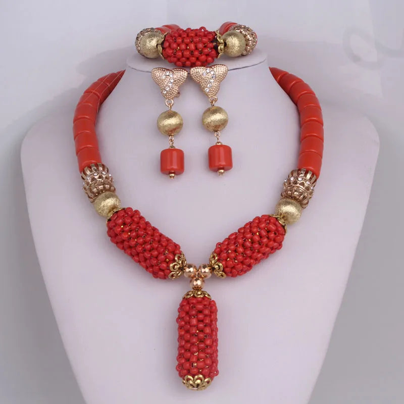 Complete Dudo Orange Balls Coral Beads Jewelry Set, including necklace, earrings, and bracelet, epitomising luxury and style for any formal event.