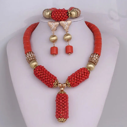 Complete Dudo Orange Balls Coral Beads Jewelry Set, including necklace, earrings, and bracelet, epitomising luxury and style for any formal event.