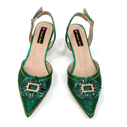 Luxury women's party shoes and handbag set displayed together, showcasing a high-fashion look ideal for evening events.