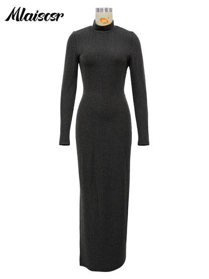 Mlaiscsr elegant women's long sleeve knit ribbed bodycon dress featuring a side split, designed for luxurious parties and special occasions.