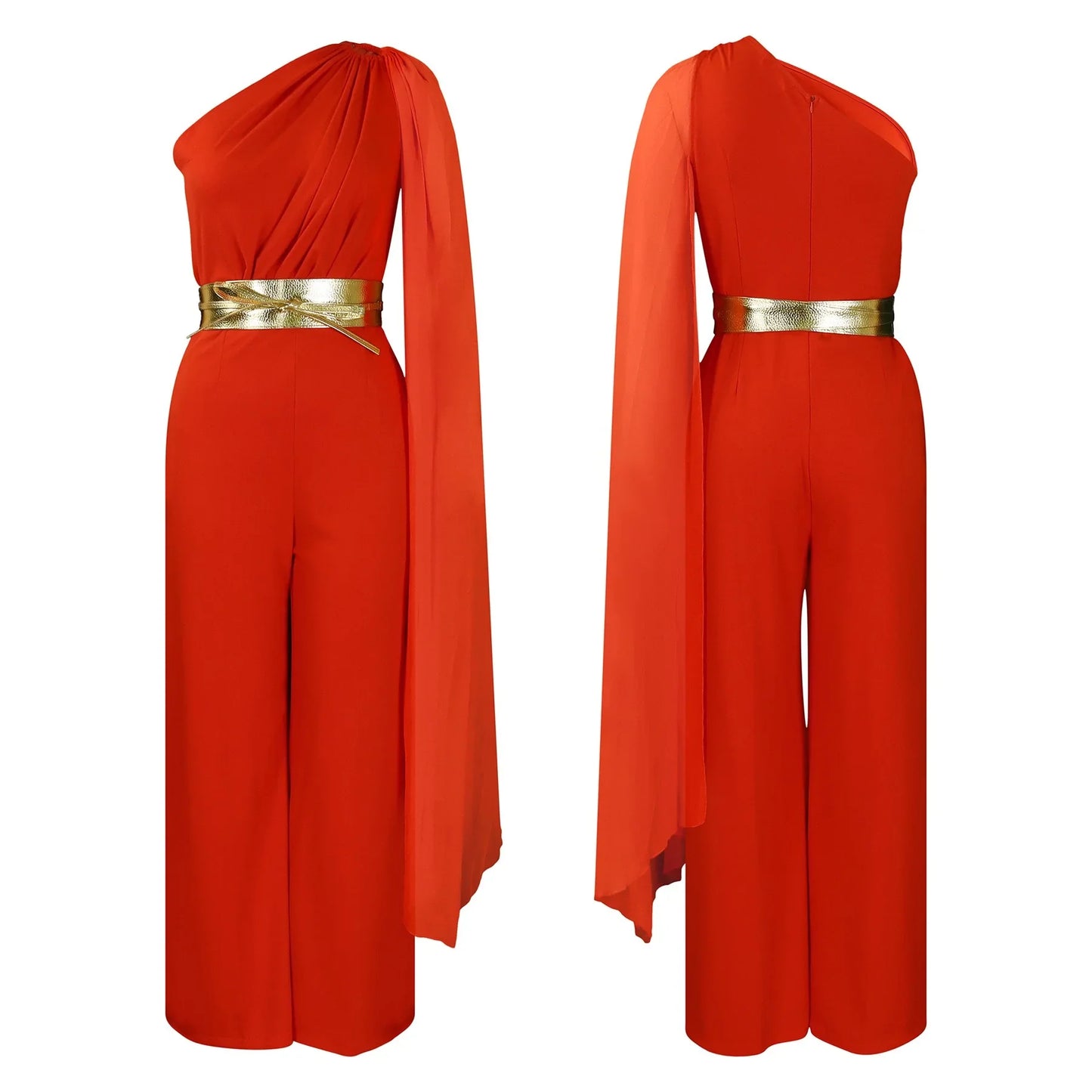 Elegant one shoulder high waisted jumpsuit with flying sleeves for women, perfect for stylish events, available in sizes S to XXXL.