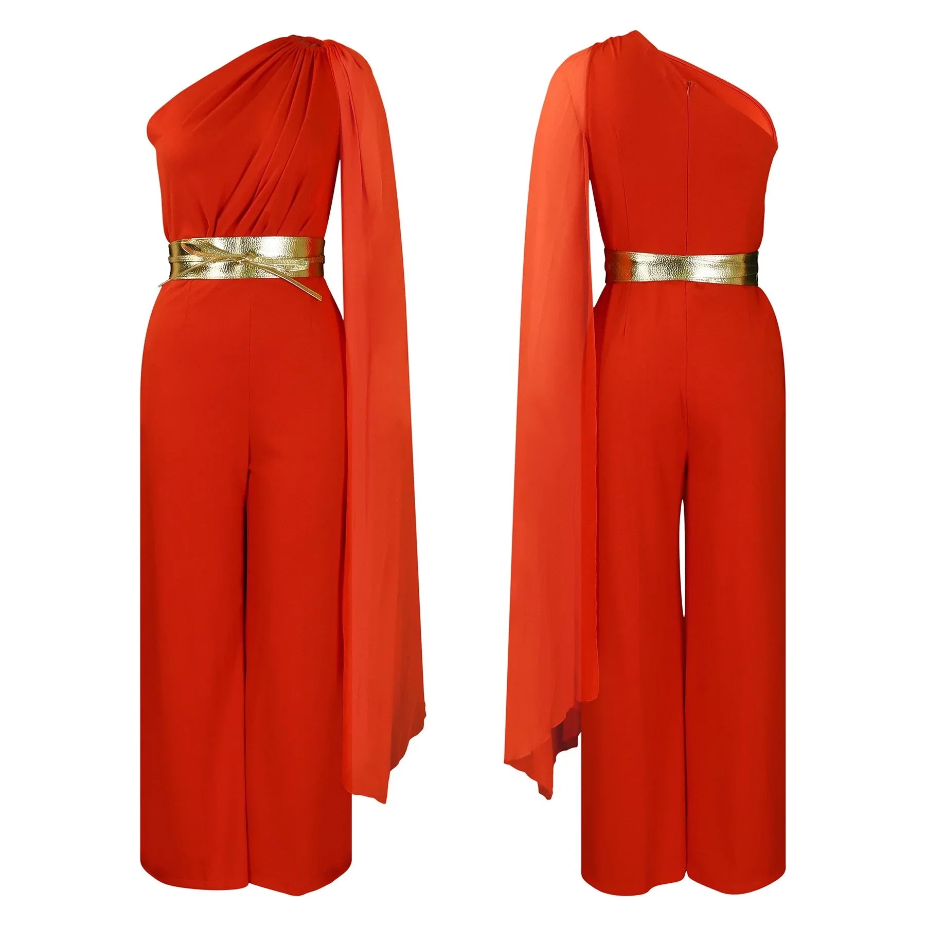 Elegant one shoulder high waisted jumpsuit with flying sleeves for women, perfect for stylish events, available in sizes S to XXXL.