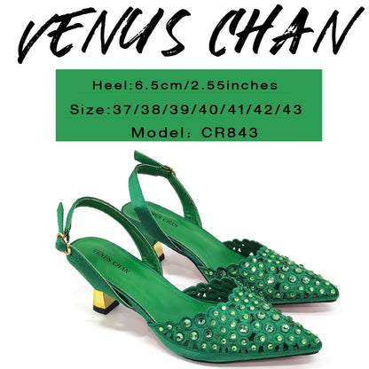 Collection of luxury rhinestone embellished party shoes and matching bag from Venus Chan, designed for glamorous women.