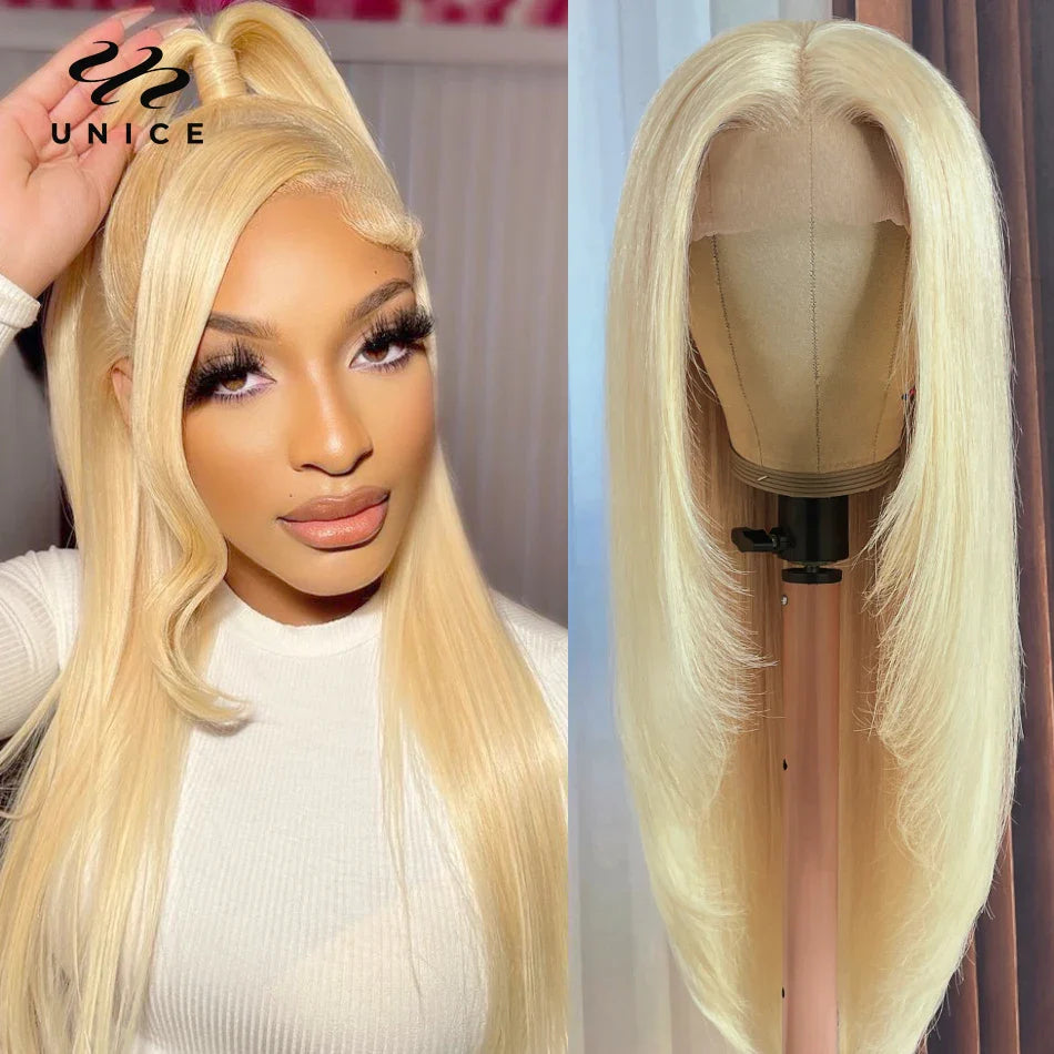 Luxurious Unice 613 Blonde Straight 5x5 HD Lace Wig made from virgin human hair, featuring a 13x4 lace front, showcasing stunning long 26-inch strands and a transparent lace base.