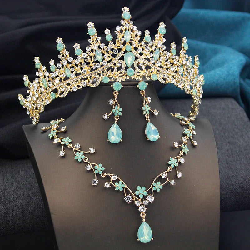Luxurious opal green bridal tiara set with necklace and earrings, perfect for weddings, proms, and parties.