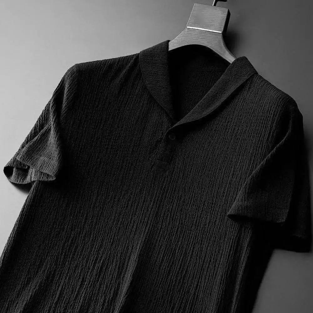 Stylish men's summer suit comprising a sophisticated short sleeve shirt paired with long pants, ideal for casual summer gatherings.