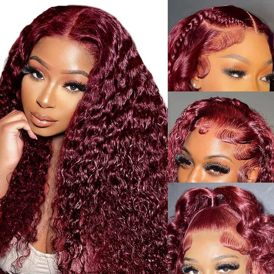 99J Burgundy curly wig featuring a transparent 13x4 lace front; crafted from high-quality Brazilian deep wave human hair in 26 inches.