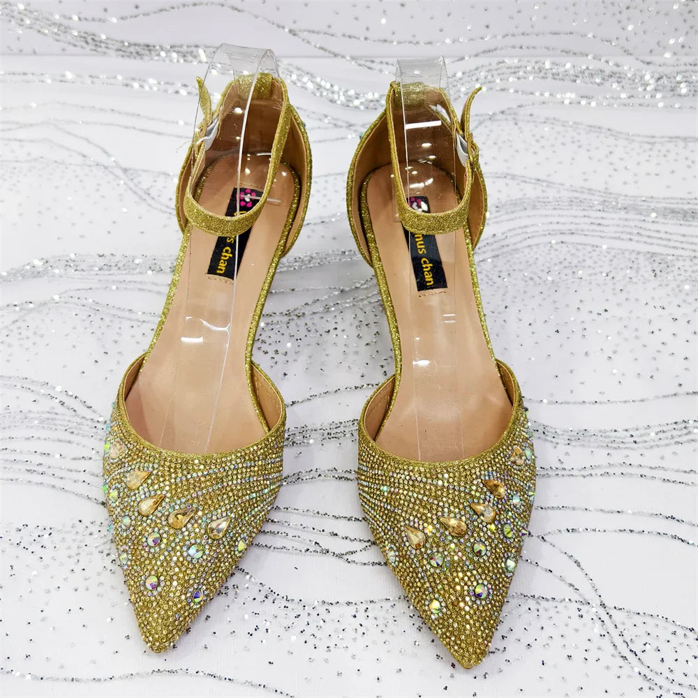 Matching rhinestone bag set accompanying elegant pointed toe pumps, ideal for luxurious summer events.