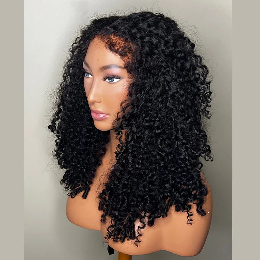 Luxury 26'' Kinky Curly Lace Front Wig displayed on a mannequin with soft natural black texture and defined curls, showing its high-density and preplucked baby hair features.