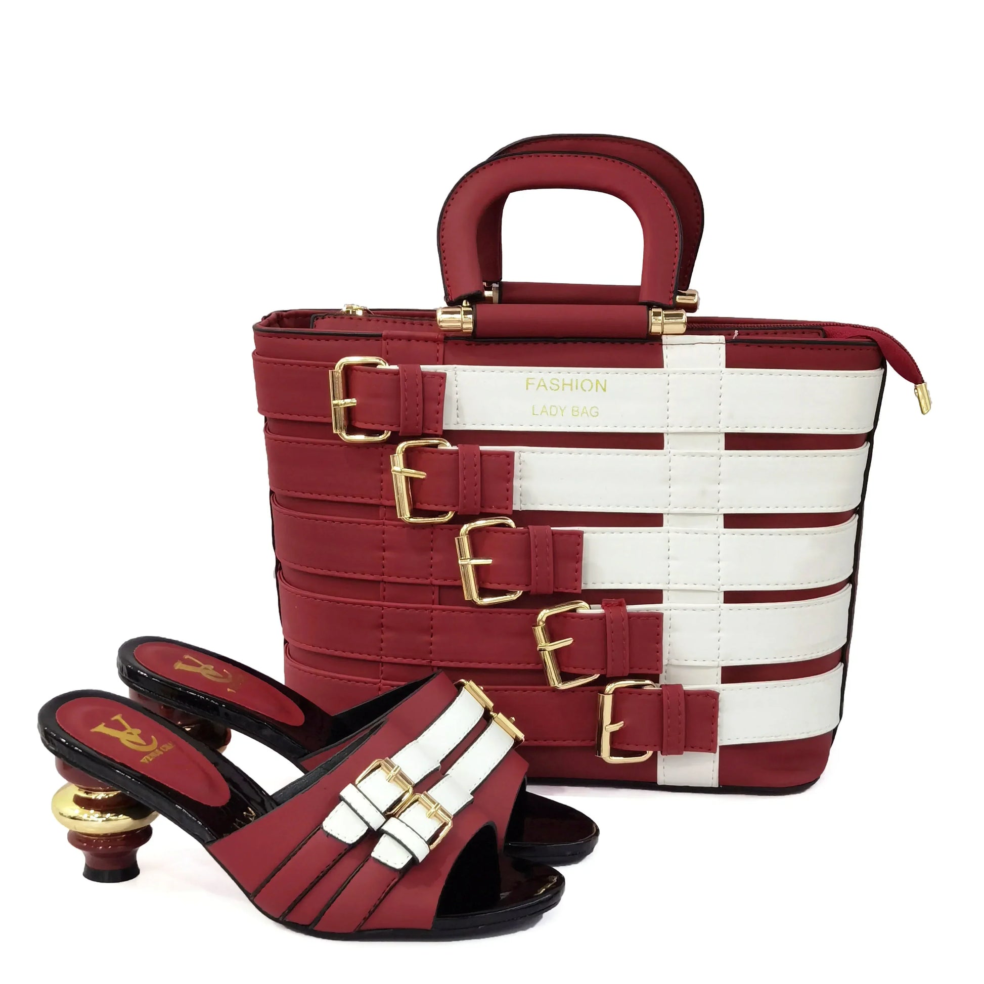 Chic Nigerian women's shoe and bag set displayed elegantly, showcasing the intricate belt buckle detail on stylish high-heeled pumps.