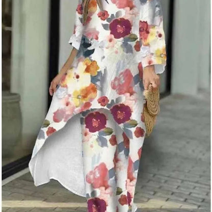 Elegant women's luxury 2-piece spring/summer set featuring an irregular printed round neck shirt, perfect for casual chic style.