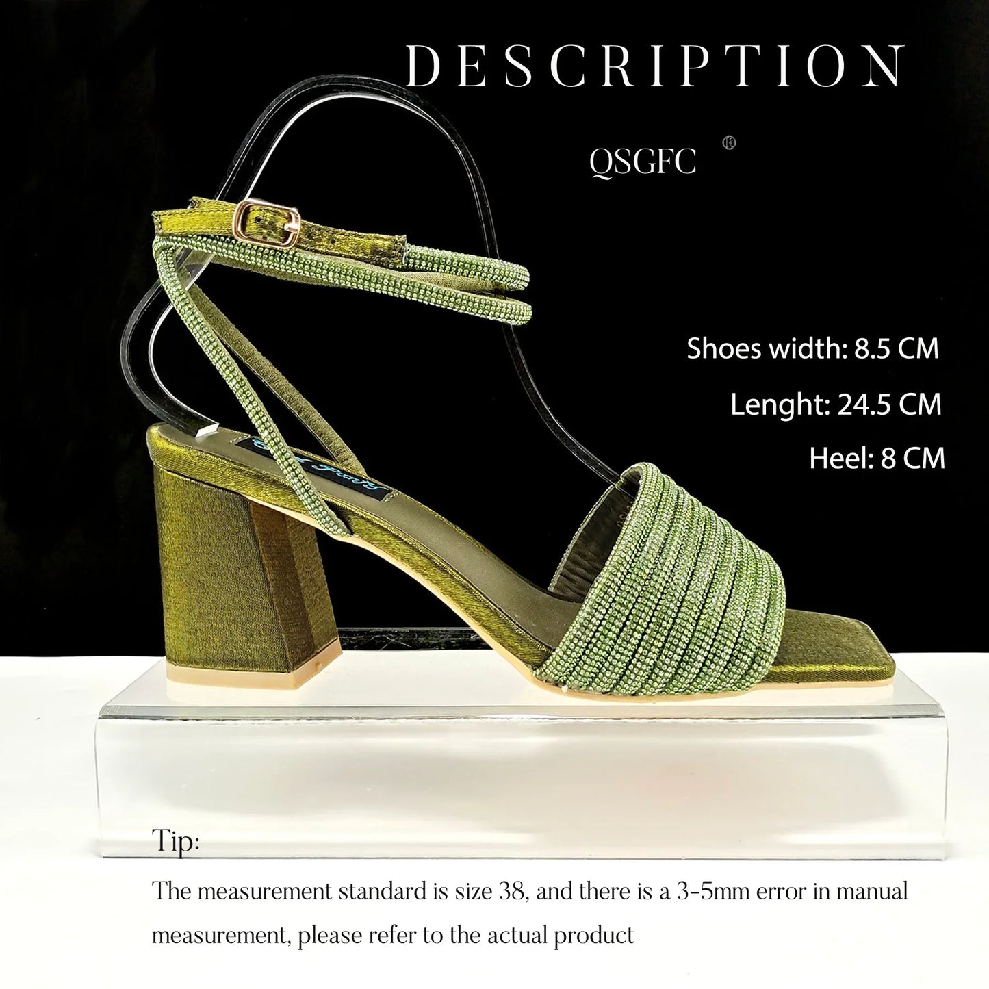 Matching olive green handbag with rhinestone accents, designed to complement high heel pumps for a sophisticated look.