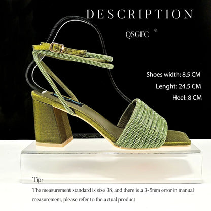 Matching olive green handbag with rhinestone accents, designed to complement high heel pumps for a sophisticated look.