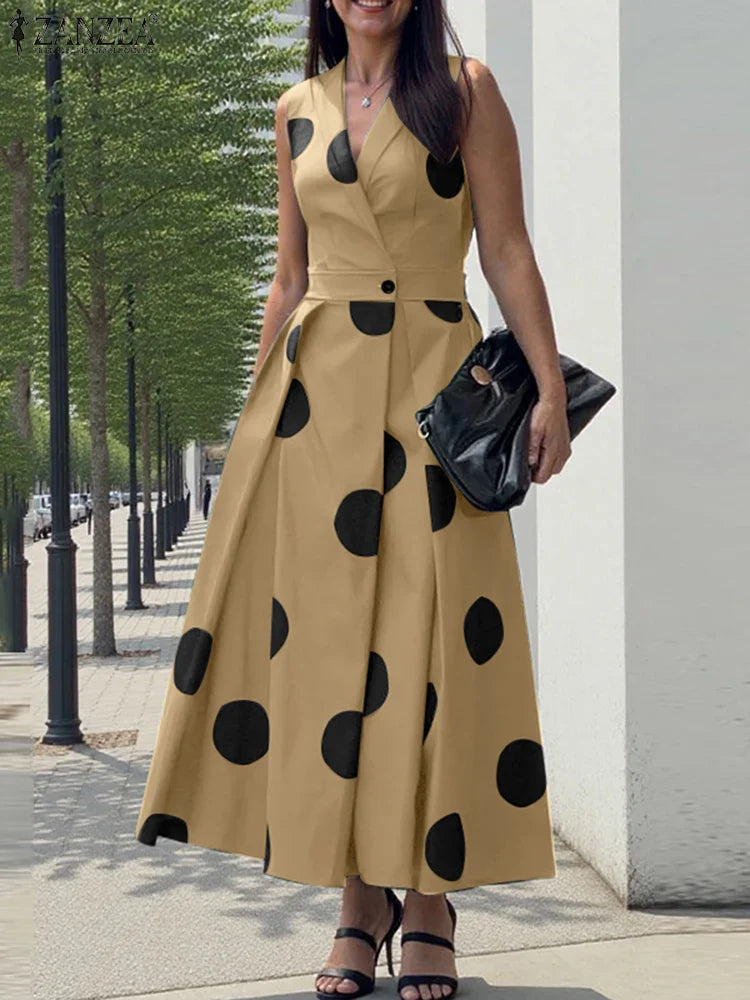 ZANZEA Elegant Polka Dot Maxi Dress showcasing sumptuous ankle-length design, perfect for the sophisticated office lady or holiday occasions, featuring a sleeveless style with a refined turn-down collar and flattering A-line silhouette made from high-quality polyester.