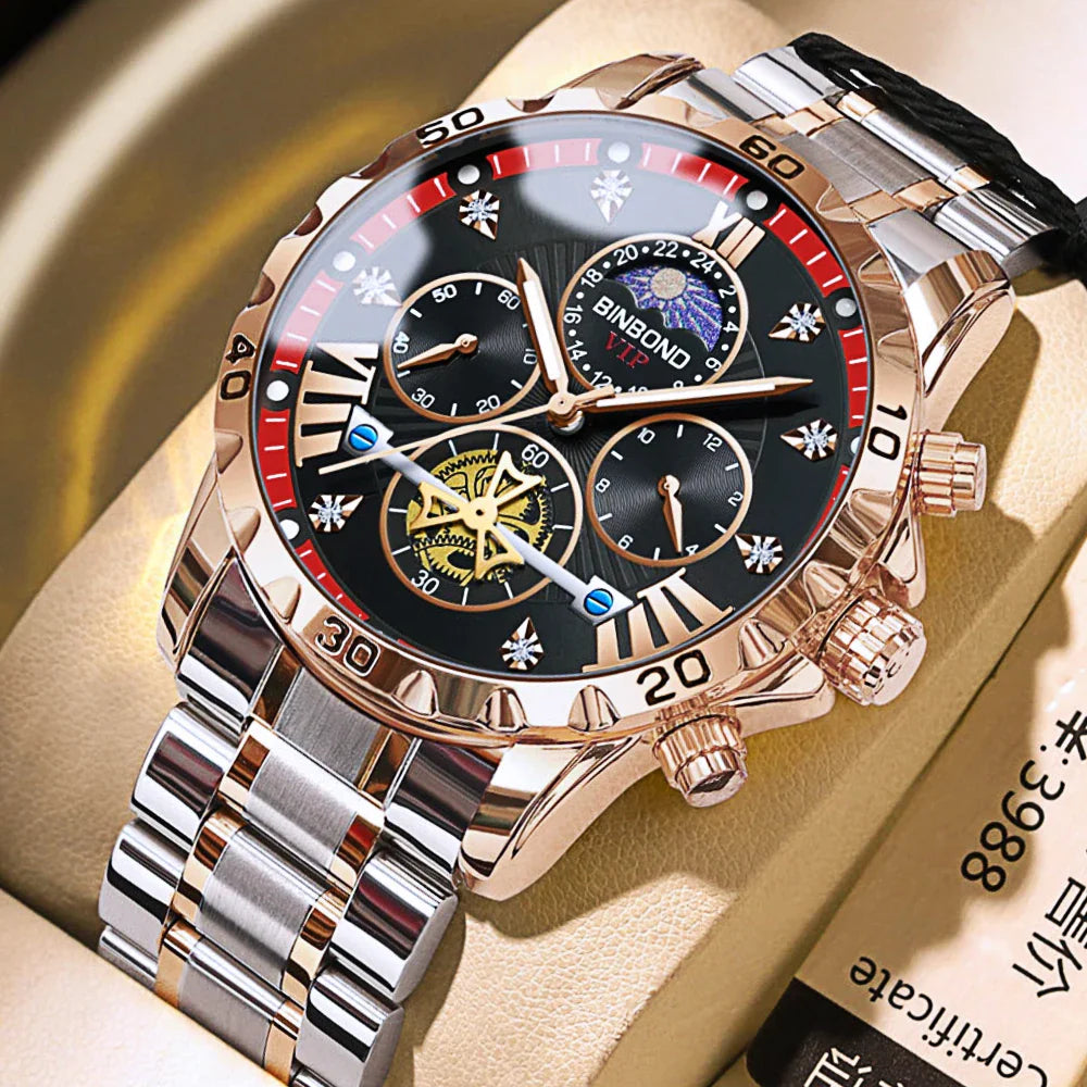 Luxury stainless steel men's quartz watch featuring a chronograph, moon phase indicator, and elegant design, perfect for sophisticated occasions.