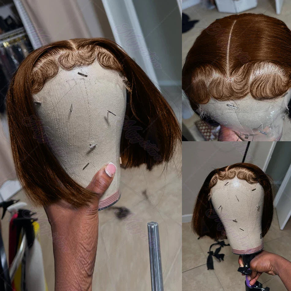 Sophisticated 250 Density Straight Short Bob Wig made from Brazilian Hair, adorned with a transparent 13x4 lace frontal for seamless blending.