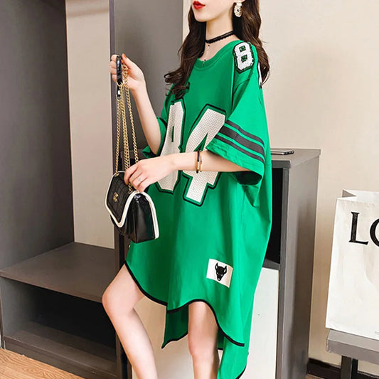 luxurious women's irregular short sleeve t-shirt, oversized casual summer top in soft blended polyester, showcasing trendy Korean fashion, designed for comfort and style