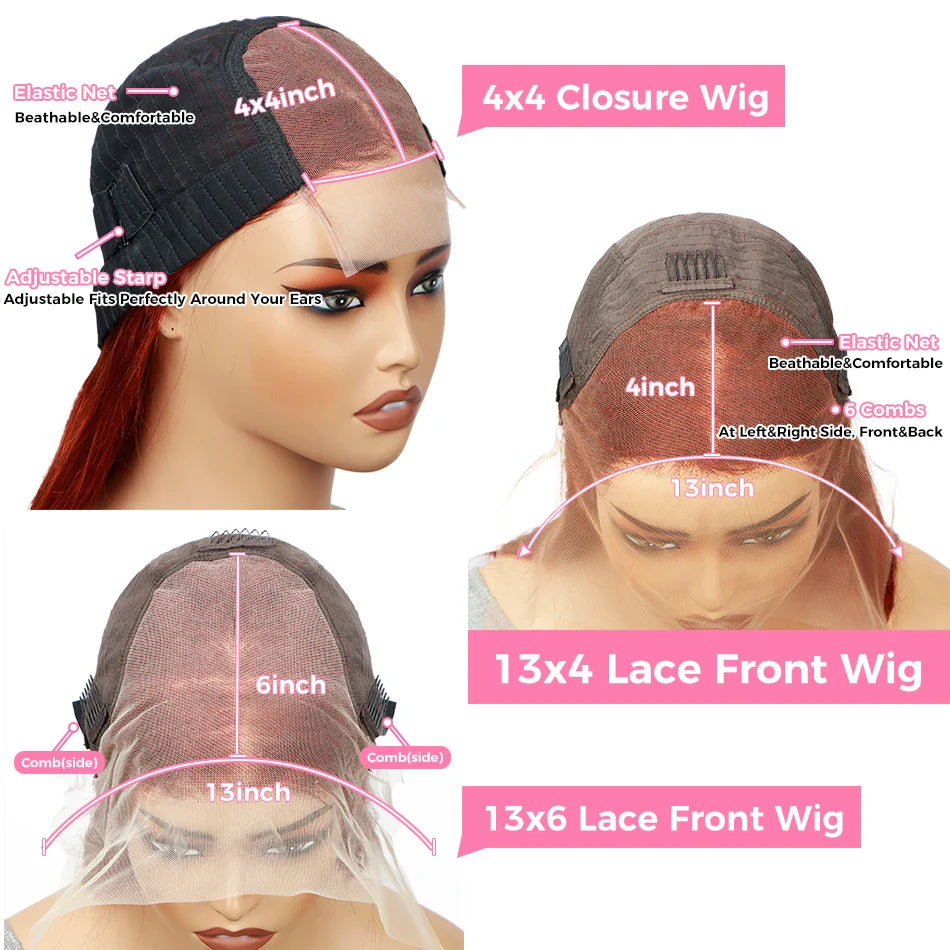 Detailed view of the transparent lace on the Orange Ginger Deep Wave Wig, highlighting its seamless blend and comfort for a natural appearance.