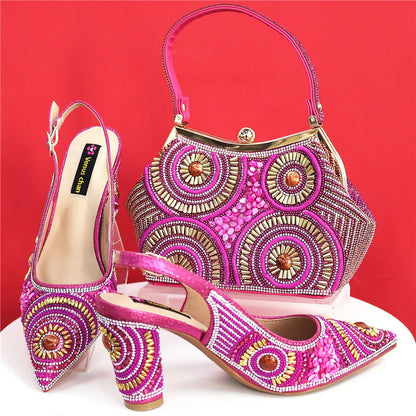 Elegant women's pointed toe pumps in a luxurious design, featuring chic slingbacks and a stunning metal handle handbag set, perfect for sophisticated occasions.