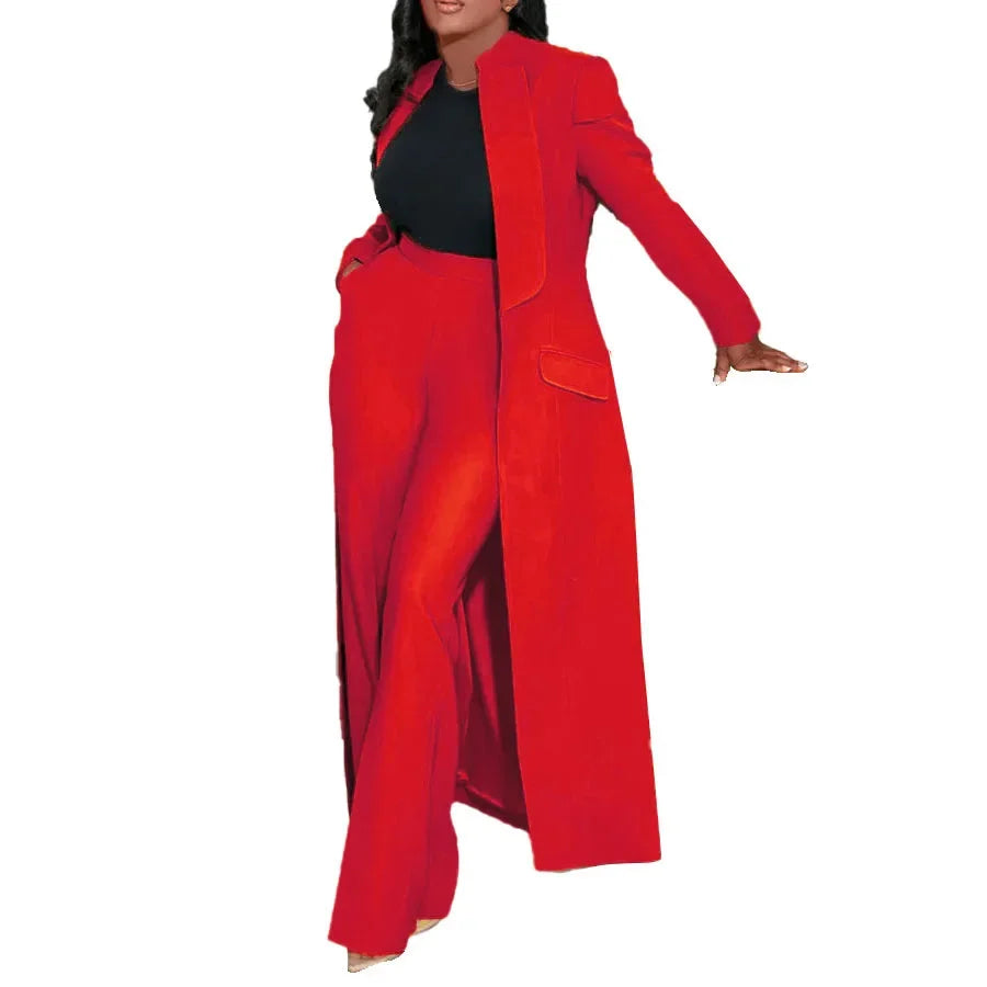 Regal display of the women's blazer and wide leg pants set, illustrating a fashionable and professional outfit option for middle-aged women.