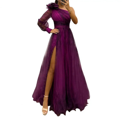 Showcase of Women’s Floor-Length Chiffon Evening Dress with an elegant one shoulder design and flattering A-Line silhouette, ideal for sophisticated events.
